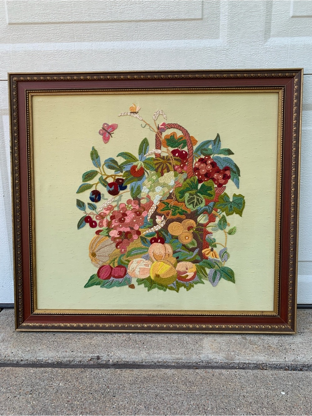 Vintage Spinnerin Crewel Embroidery Basket of Fruit by Marjorie Gosz Framed